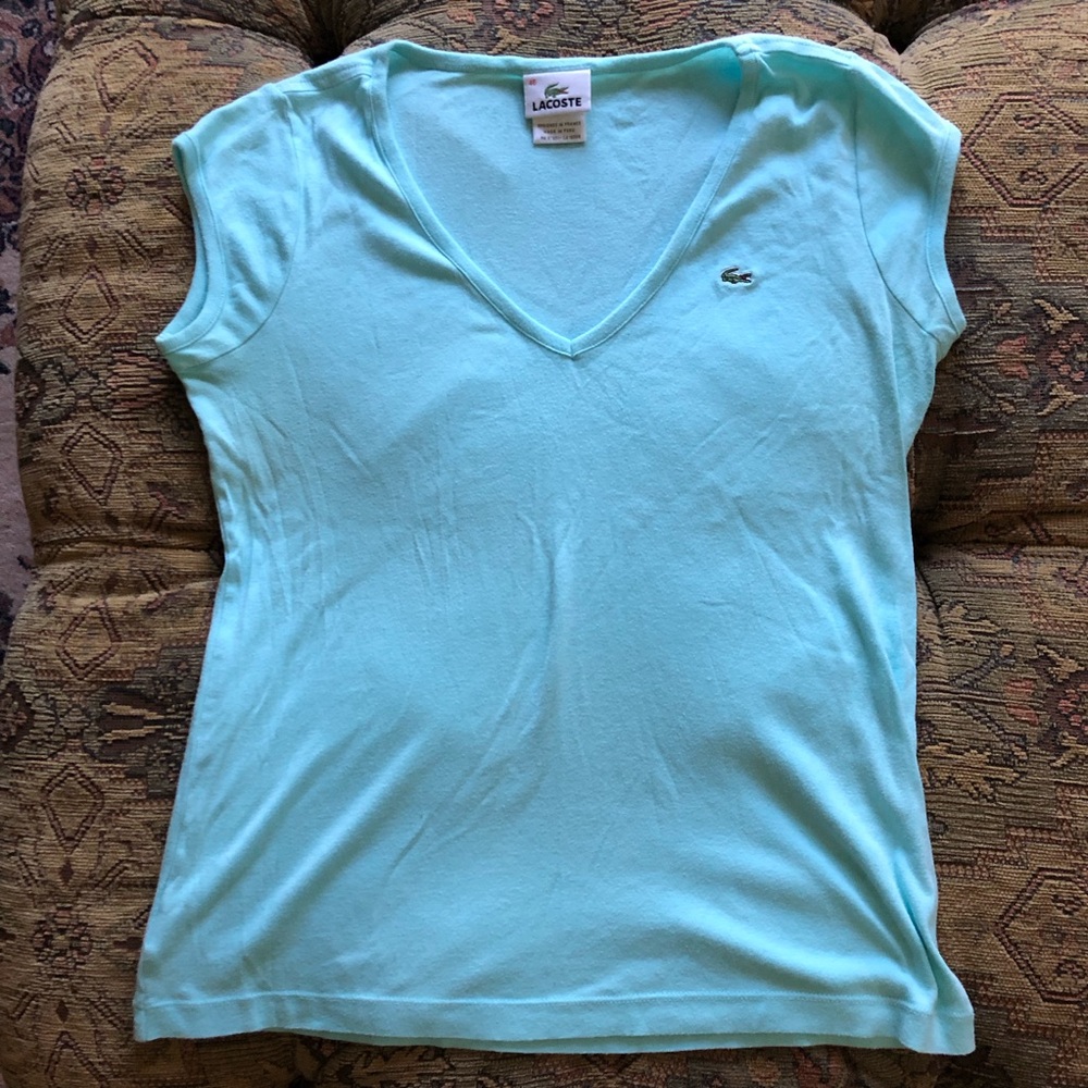 Lacoste V Neck T Shirt Aqua Blue 100% Cotton Logo Short Cap Sleeve